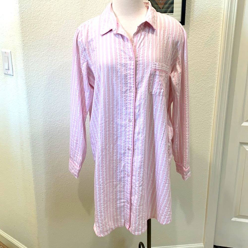 Look Close…Victoria Secrets  silver, pink  and white pinstripe jammies.